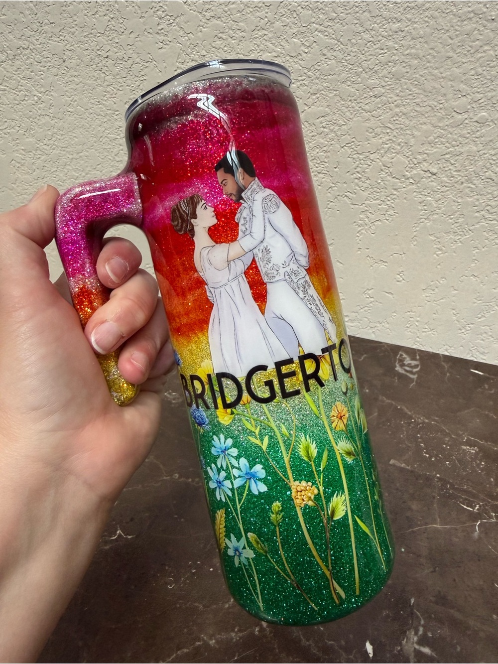 Bridgerton Sunset Glitter Tumbler Cup 20oz Skinny with Handle Handmade